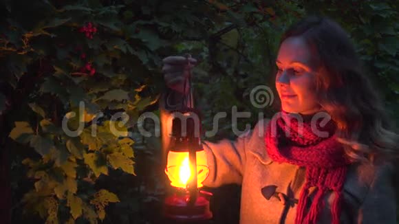 深秋的森林里女孩挂着灯笼视频的预览图