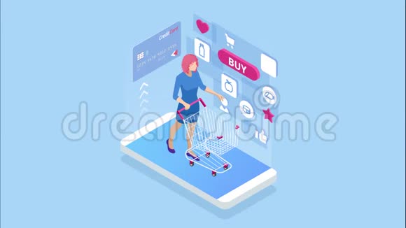 等距线上购物和支付销售消费主义和网上商店移动营销和电子商务互联网视频的预览图
