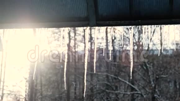 冰柱在春天解冻时悬挂在屋顶上视频的预览图