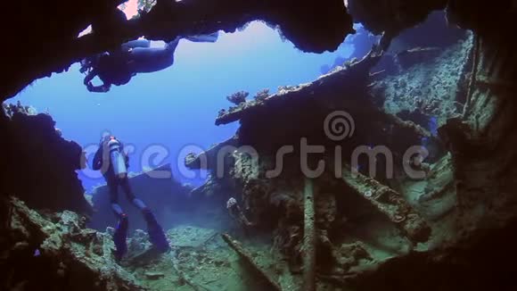 摄影师潜水员在红海水下沉船的背景下游泳视频的预览图