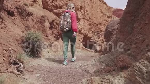 女孩沿着一个不寻常的地形旅行红色的地球和山脉就像火星一样视频的预览图