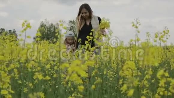 年轻的孕妇留着长发一个小女孩正在开花的油菜田里视频的预览图