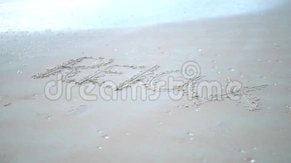 铭文在海滩上放松和挥手4K视频的预览图