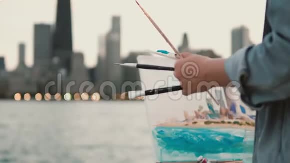 年轻女子在美国芝加哥密歇根湖的岸边画这幅画街头艺术家使用刷子和油漆视频的预览图