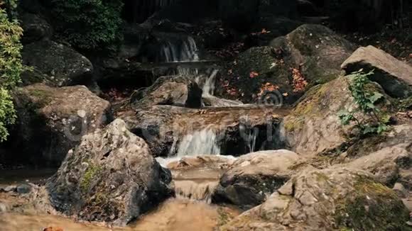 一条潺潺的小溪的平静的水在巨石超高清4k视频的预览图