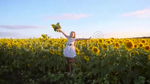 跳舞的少女在向日葵的田野里欢快的少女在阳光下跳舞家庭节日视频的预览图