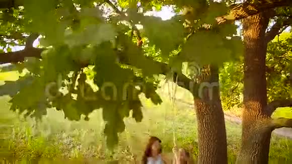 女孩在公园的秋千上摇着妈妈在树上荡秋千视频的预览图