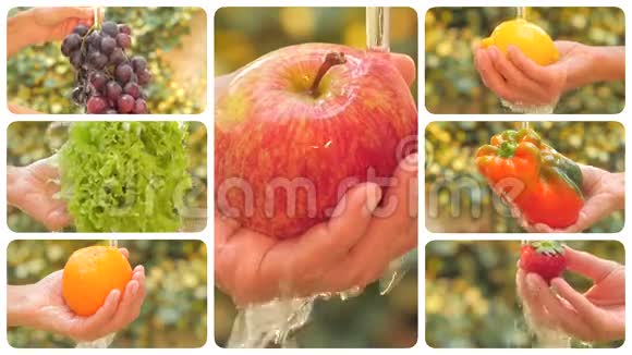 不同的水果和蔬菜在倒水蒙太奇视频的预览图