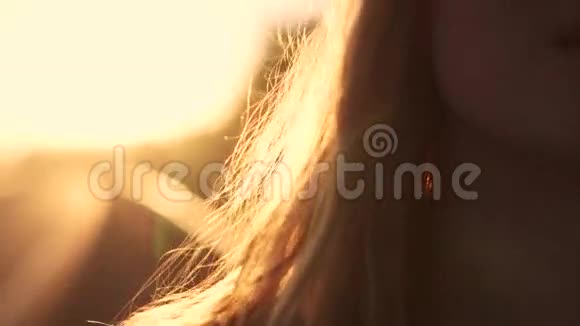黎明时美丽女孩的特写肖像一个年轻的女人摸头发太阳光线和眩光视频的预览图