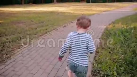 一个可爱的小男孩在阳光明媚的夏天在公园的路上散步后景慢影视频的预览图