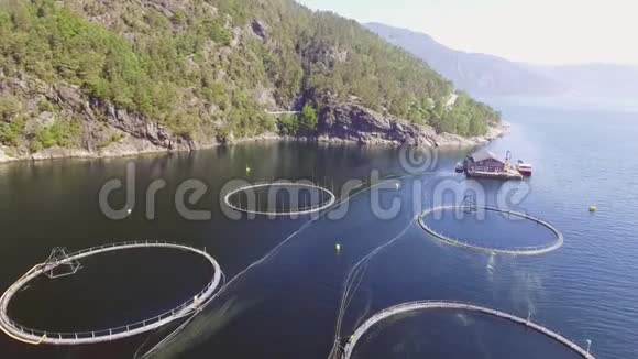 挪威养鱼场录像蓝色的大海和有植被的山脉空中射击上景视频的预览图