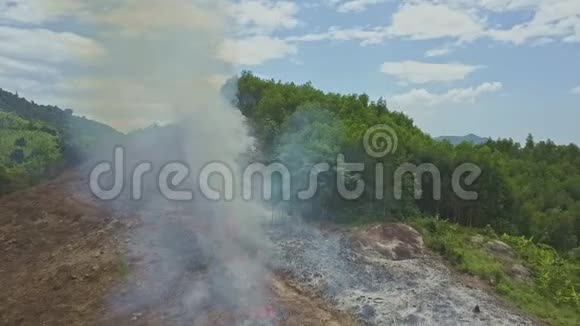 受控制的火灾产生的烟雾从高地的道路上方升起视频的预览图