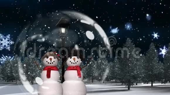 神奇森林中可爱的雪人情侣圣诞动画视频的预览图