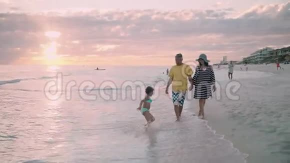 幸福的家庭在海洋海岸散步剪影日落视频的预览图
