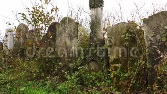 废弃的犹太人墓地旧的被摧毁的和被遗忘的坟墓的特写视频的预览图