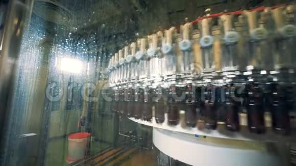 工厂机器装满啤酒瓶关闭视频的预览图