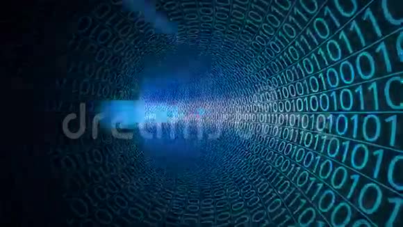 粒子穿过由零和一组成的抽象蓝色隧道计算机数据传输数字技术视频的预览图