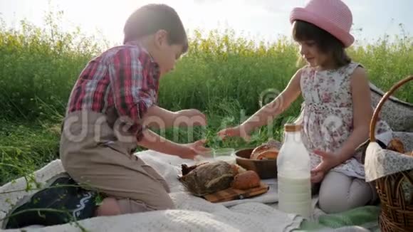 有食物的女孩和男孩在新鲜空气中快乐的孩子在休息时吃面包和奶制品在假期视频的预览图
