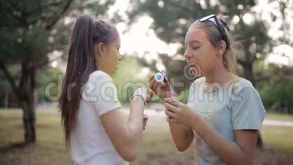 两个女孩被干颜色弄脏了霍利吹肥皂泡视频的预览图