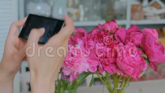 女人用智能手机拍粉色牡丹视频的预览图