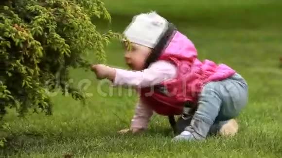 可爱的微笑女婴爬在城市公园的绿草上视频的预览图