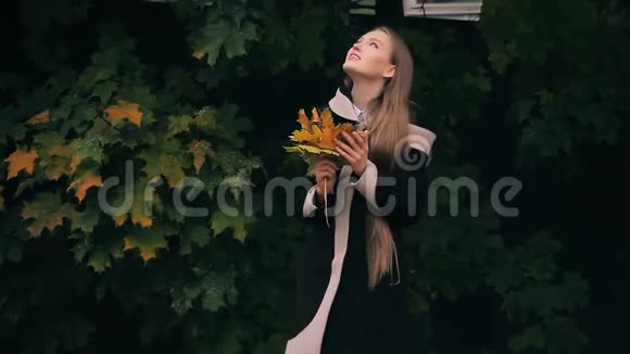 穿着黑色衣服的女孩带着一束黄色的秋叶摆着姿势视频的预览图