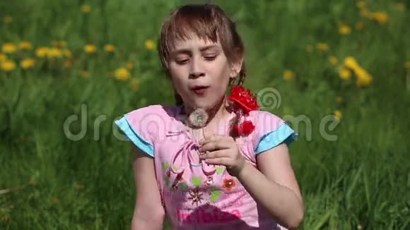 女孩吹在蒲公英上视频的预览图