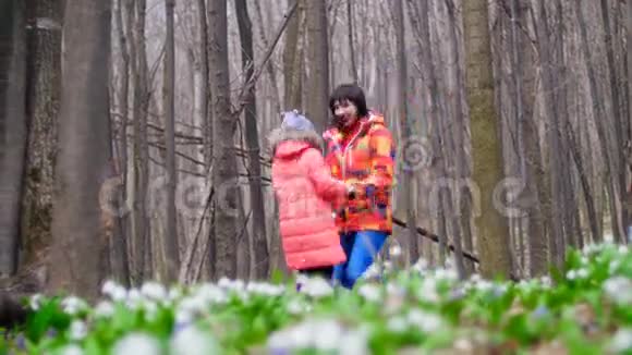 美丽快乐的母亲和可爱的女儿在阳光明媚的森林里玩得开心跳过满是雪花的春天森林视频的预览图