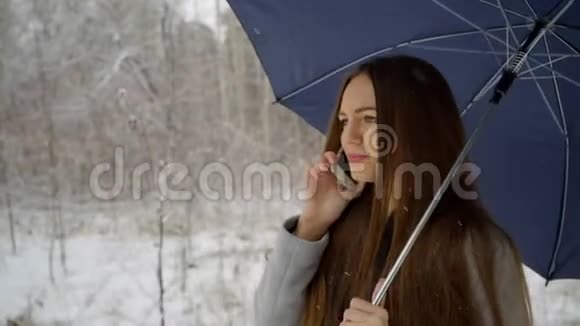 雪地里打着雨伞打手机的年轻美女在冬天走在户外视频的预览图