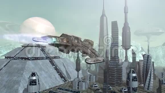 金字塔城市上空的未来宇宙飞船动画视频的预览图