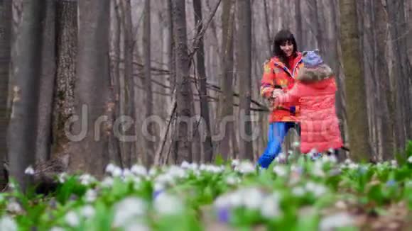 美丽快乐的母亲和可爱的女儿在阳光明媚的森林里玩得开心跳过满是雪花的春天森林视频的预览图