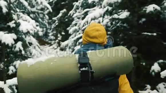人走过寒冷的冬林白雪覆盖视频的预览图