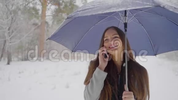 雪地里打着雨伞打手机的年轻美女在冬天走在户外视频的预览图