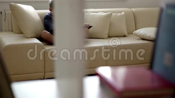 舒适的家庭场景一个男孩坐在沙发上看书视频的预览图