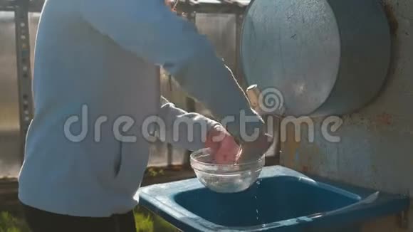 女人在户外的自制水槽里洗了一个碗双手特写视频的预览图
