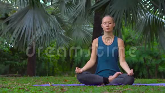 在热带公园做瑜伽运动的年轻女子视频的预览图