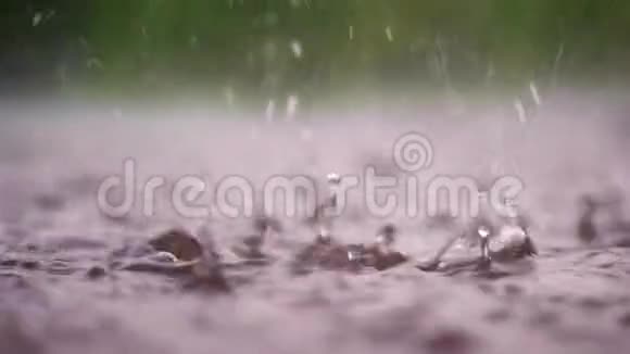 特写镜头大的大雨的降雨的淋浴的用喷雾落下的水溅在水坑潮湿的表面上视频的预览图