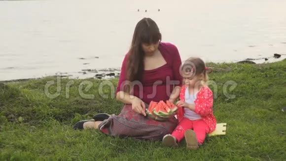 母亲和女儿在夏天在海边野餐吃西瓜视频的预览图