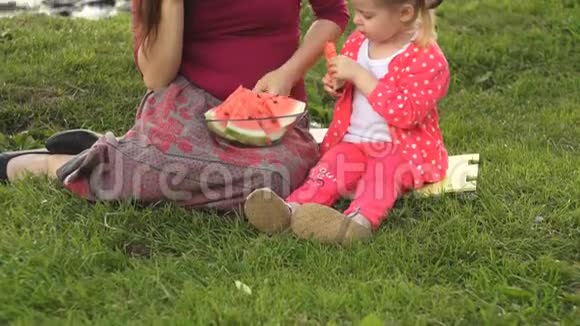 母亲和女儿在夏天在海边野餐吃西瓜视频的预览图