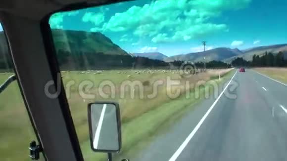从新西兰的车窗可以看到路和羊的全景视频的预览图
