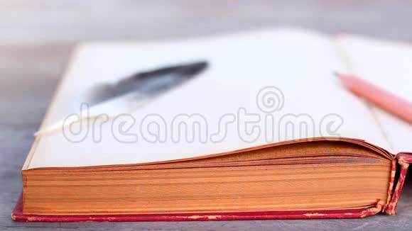 鸽子羽毛用书和铅笔在木制纹理背景上视频的预览图