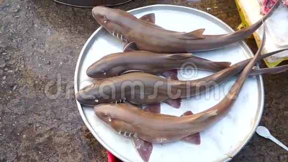 新鲜的活鲨鱼在当地市场上出售眨着眼睛视频的预览图