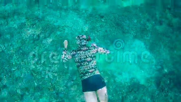 潜水员在海底的水下游泳然后上升到水面呼吸空气游客在附近潜水视频的预览图