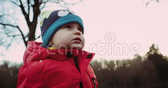 可爱的小男孩穿着红色夹克和滑稽的帽子玩肥皂泡他看着泡泡微笑着红色史诗4k慢慢视频的预览图