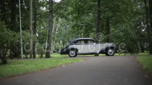 在绿色森林的柏油路上开着一辆黑色的老式白色汽车视频的预览图