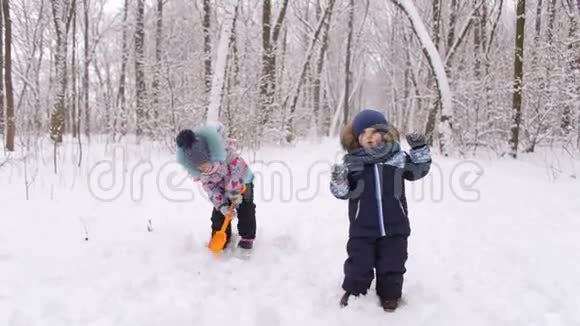 两个小朋友在冬季公园玩耍视频的预览图
