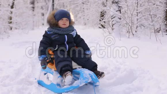 冬天公园雪橇上一个可爱的婴儿的肖像视频的预览图
