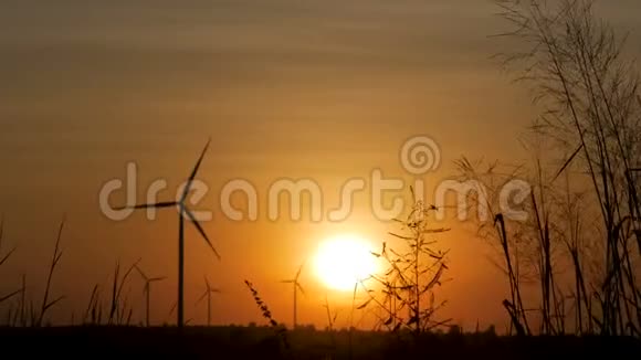剪影式风力涡轮机和带黄昏和日落的草地视频的预览图