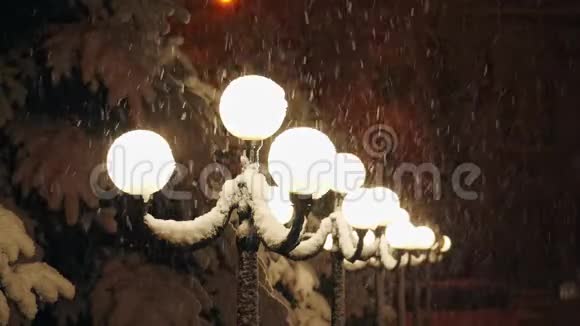 路灯灯光下美丽的大雪视频的预览图