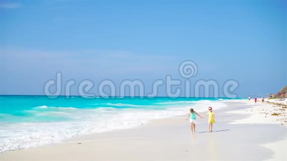 可爱的小女孩在海滩上玩得很开心两个漂亮的孩子在浅水中嬉戏视频的预览图